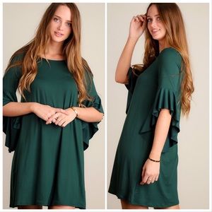 ❌❌SOLD: Hunter Green Ruffle Bell Sleeve Dress
